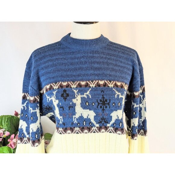 Vintage 1980s Women's Nordic Fair Isle Sweater Blue Ecru Reindeer Warm Winter - Picture 6 of 10